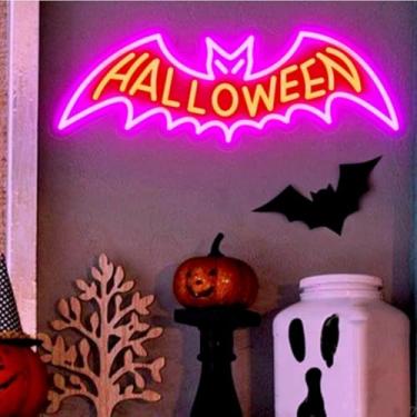 Imagem de Letreiro de LED Bat Leon Luz Arcylic Halloween Bat Light Up SignsBanner com interruptor regulável e corrente de pendurar para decoração de festa de Halloween mesa de mesa lareira bar