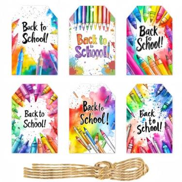 Imagem de 60 etiquetas de presente de volta às aulas com cordão – Etiquetas de papel kraft para decoração de sala de aula, artigos de festa de boas-vindas para sala de aula, acessórios de embrulho de presentes