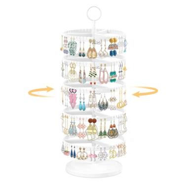Imagem de EsLuker.ly Suporte de brinco organizador giratório para árvore com 285 compartimentos em U para mulheres e meninas, grande suporte de armazenamento de plástico ajustável de 5 níveis com bandeja de