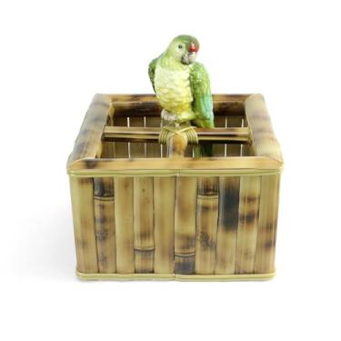 Imagem de Cesto Porta Talheres e Organizador Bambu Natural com Pássaro de Cerâmica 4 Compartimentos Mesa Posta Decoração (PAPAGAIO)