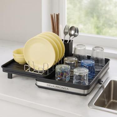 Imagem de DF Escorredor de Louça Inox 304, Escorredor de Pratos Expansível com Porta-Talheres, Escorredors de Louca para Drenagem Rápida, Prevenção de Ferrugem, Não Requer Instalação, Preto