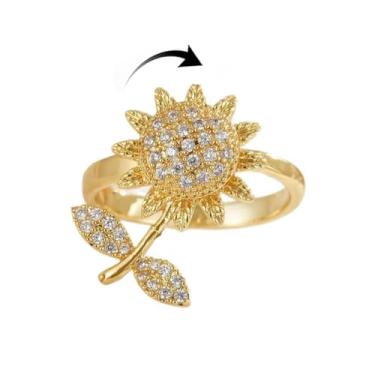 Imagem de Anel giratório giratório de flores para mulheres, banhado a ouro, cristal, floral, ansiedade, zircônia, girassol, margarida, aberto, ajustável, eternidade, compromisso, joia moderna para alívio do
