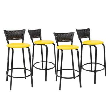 Imagem de Kit 4 Banquetas Para Bancada 60cm Preta Junco Preto Balcão Ilha Bistrô