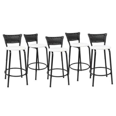 Imagem de Kit 5 Banquetas Para Bancada 60cm Preta Junco Preto Balcão Ilha Bistrô