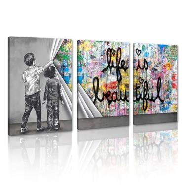 Imagem de Novatique Arte de parede em tela Banksy para sala de estar arte de parede grafite moderna atrás da cortina decoração de parede colorida para sala de estar banheiro, 61 cm x 91 cm x 3 peças