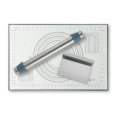 Imagem de Rolo de massa e conjunto de raspadores de silicone para assar, pastelaria, cortador de massa, rolo com anéis de espessura ajustáveis, para assar massa, pizza, torta, pastelaria, massas, biscoitos