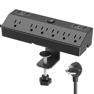 Imagem de Filtro de linha com grampo, proteção contra surtos com estação de carregamento rápido de 40 W, prateleira de computador para montagem de computador com 6 soquetes, 6 portas USB (2 USB C)