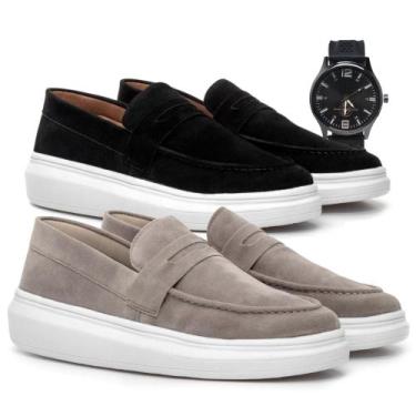 Imagem de Kit 2 Mocassim Masculino Sola Alta Macio Loafer Derby em Camurça Costu