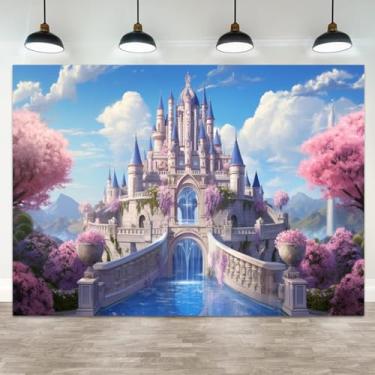 Imagem de ASDCXZ 4,6 x 3 m de fundo de castelo de princesas rosa floral céu azul fotografia fundo branco floresta montanha meninas aniversário chá de bebê decoração festa de casamento retrato cabine de fotos