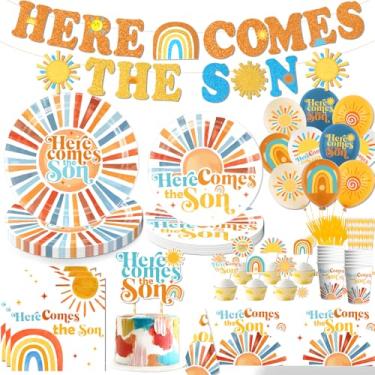Imagem de Yingoto Decoração Para Chá De Bebê Here Comes The Son Com Balão E Topo Bolo, Conjunto Talheres Descartáveis 25 Pessoas, Pratos, Guardanapos Copos, Toalha Mesa Temas