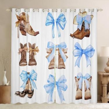 Imagem de Feelyou Cortinas com laço (2 painéis, 96 x 119 cm) decoração ocidental 30%-50% cortina blackout laço borboleta nó príncipes cortinas escurecimento botas ocidentais tratamentos de janela azul claro