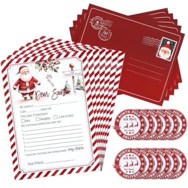 Imagem de Marspark Kit de 60 cartas para o Papai Noel, inclui 20 conjuntos de cartões de Natal (12,7 x 18 cm), envelopes (19,8 x 15 cm) e adesivos, artigos de papelaria de Papai Noel para a lista de desejos de