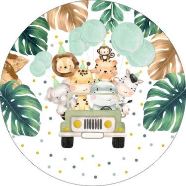 Imagem de Painel de Tecido Sublimado Redondo Animais Safári Aquarela Jeep Folhas