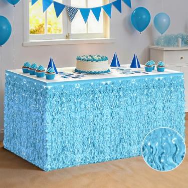 Imagem de Pacote com 2 saias de mesa azul claro, saia de grama de mesa reveladora de gênero para mesa, saia de mesa ondulada sob o mar, saia de mesa com franja ondulada, saia de cortina de mesa de grama