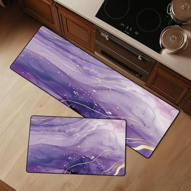 Imagem de EDGZKO Conjunto de tapetes de cozinha roxos: 2 peças de tapetes e tapetes de cozinha de mármore lavável tapete de corredor abstrato para pia de chão, lavanderia, sala de jantar, corredor, escritório