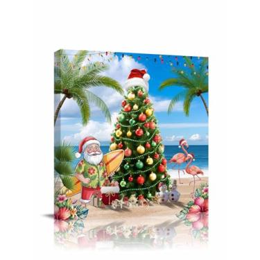Imagem de Arte de parede em tela de árvore de Natal de praia, chapéu de Natal vermelho costeiro Papai Noel verde palmeira flamingo céu azul, decoração de parede moderna, impressão giclée, esticada e emoldurada