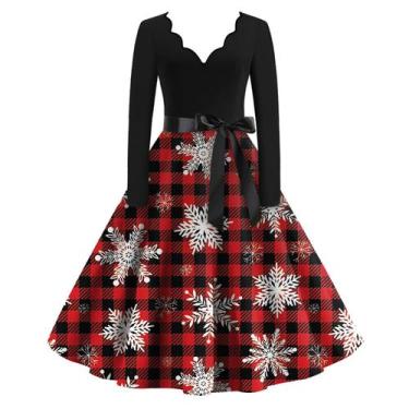 Imagem de Vestido FQZWONG para festa de Natal de manga comprida com decote em V 