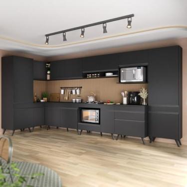 Imagem de Armário de Cozinha Modulada Completa Canto 409cm com Balcão para Cooktop Veneza Multimóveis Mp2303 Preto