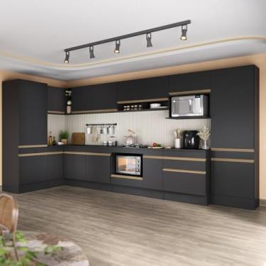 Imagem de Cozinha Modulada Completa Canto 409cm com Rodapé e Balcão para Cooktop Veneza Multimóveis Mp2304 Preto/dourado