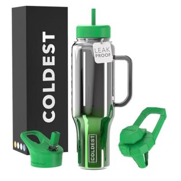 Imagem de Copo Coldest com alça e canudo - Copo 100% à prova de derramamento com canudo (3 tampas) - Copos isolados de aço inoxidável à prova de vazamento para mulheres e homens - Adequado para porta-copos