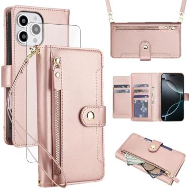 Imagem de Asuwish Capa de celular para iPhone 16 Pro Max 6,9 polegadas com zíper carteira, com protetor de tela de vidro temperado e alça transversal, porta-cartão i Phone16 16Pro i16 ProMax 16ProMax feminino