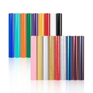 Imagem de HTVRONT Vinil de transferência de calor HTV, pacote com 18 unidades, 3 em 1, pacote de vinil HTV variado com glitter, camaleão e poliuretano para camisetas - Fácil de cortar e remover ervas daninhas