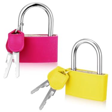 Imagem de Gjinxi 2 cadeados de armário de academia com chave, trava de armário rosa de alumínio com 4,16 cm de largura, cadeado impermeável para galpão, portão e unidade de armazenamento (vermelho rosa, amarelo