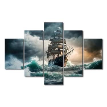 Imagem de Pintura de parede de navio pirata navegando no mar, 5 peças, arte de parede em tela de tempestade marítima, decoração de parede náutica de veleiro para sala de estar, giclée, pôsteres e impressões