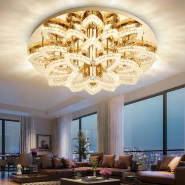 Imagem de Shial Lighting Lustres de cristal para sala de estar com diâmetro de 101,6 cm Lustre grande de montagem embutida para quarto sala de jantar corredor luminária de teto de cristal dourado regulável