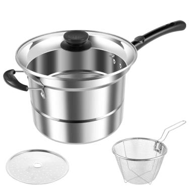 Imagem de ZLHETWT Panela multifuncional, aço inoxidável, prata, 22 x 16 x 32 cm/8,66 x 6,3 x 12,6 polegadas, inclui panela, cesta de fritura, prateleira para vaporizador, tampa visível