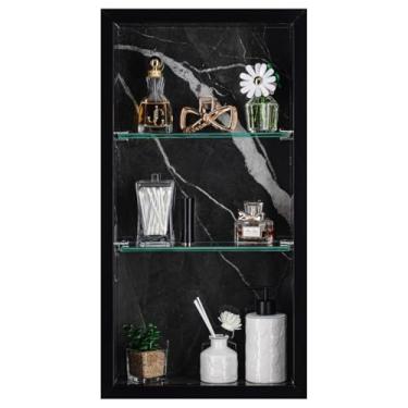 Imagem de Nicho Vertical em Porcelanato Polido (Calacata Black) - 2 Prateleiras de Vidro, Borda em Alumínio, 60x30x11 cm, Para Banheiro, Organizador de Produtos de Higiene