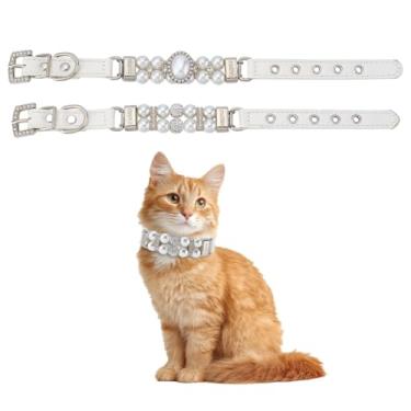 Imagem de PLIGREAT 2 estilos de coleiras de pérola branca para cães, coleira de cristal de strass brilhante para gatos, colar de couro com contas ajustáveis para filhotes, gatos, cães, festas de casamento, PP