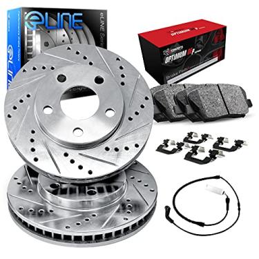 Imagem de R1 Concepts Rotores de freio traseiros da série eLine prata perfurada e ranhurada com pastilhas OEP ideais, kit de ferragens e fio de sensor compatíveis com Mercury Cougar 2000-2000