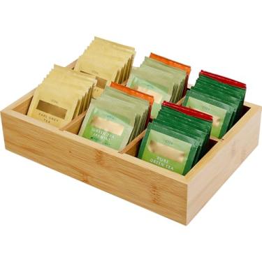 Imagem de Organizador de saquinhos de chá de bambu para gaveta, suporte de armazenamento de saquinho de chá quente de madeira com 6 compartimentos removíveis, caixa de chá para estação de café, pacote de açúcar