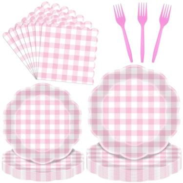 Imagem de Conjunto de 96 peças de utensílios de mesa xadrez rosa – Pratos descartáveis, guardanapos e garfos descartáveis para Páscoa, chás de bebê, piqueniques, aniversários e celebrações de fazenda