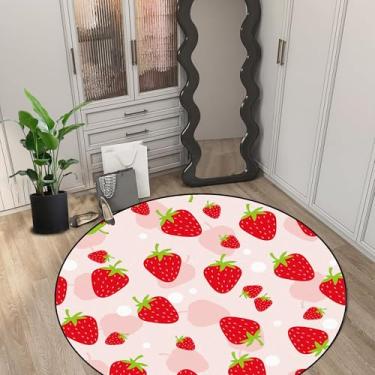 Imagem de FUYEUN Tapete redondo de morango Kwaii PinkRugs para quarto, dormitório, sala de estar, tapete fofo, tapete de chão, capacho, 150 x 150 cm (150 x 150 cm)