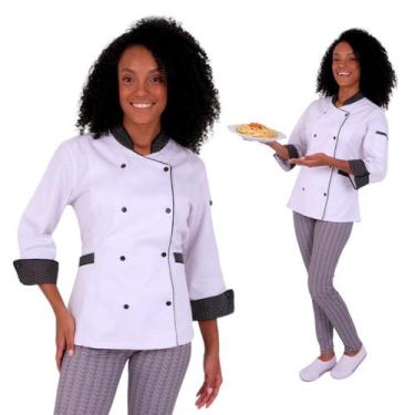 Imagem de Dólmã Feminina Para Chef De Cozinha Branco Poá 100% Algodão Gambuza Co
