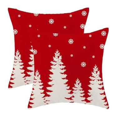 Imagem de Conjunto de 2 capas de almofada de Natal 40,6 x 40,6 cm, árvore de Natal vermelha, floco de neve, decoração de casa de fazenda, roupa de cama e inverno, para sofá, decoração de casa