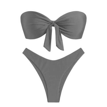 Imagem de Biquíni ZAFUL Knotted Bandeau para mulheres, preto brilhante, tamanho 