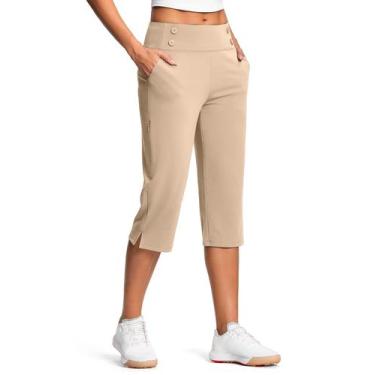 Imagem de Calça Capri ISEEGZ 18 Dressy para mulheres de cintura alta cáqui