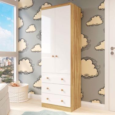 Imagem de Guarda-Roupa de Bebê Smim New 2 Portas 3 Gavetas 100% Mdf Branco Brilho/Amêndoa - Móveis Peroba