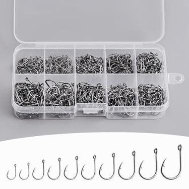 Imagem de 500 peças de anzóis de pesca de 10 tamanhos com caixa de plástico portátil, anzol afiado forte de aço carbono com farpas para água do mar e água doce, peixe-gato, truta robalo, polvo, presente de