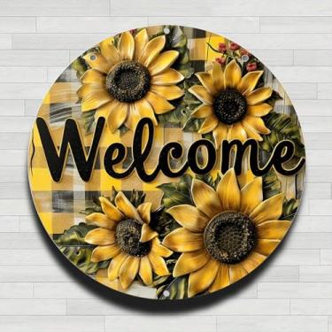 Imagem de Bem-vindo Girassóis Amarelo Fundo Xadrez Vintage Alumínio Rústico Metal Placa de Parede Redonda - 20 cm Presentes e Decoração para Interiores e Exteriores para Casa, Escritório, Café e Quintal