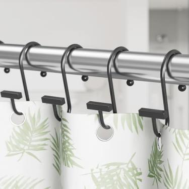 Imagem de Anéis de cortina de chuveiro pretos à prova de ferrugem, 12 peças de ganchos - Cabides de cortina de chuveiro com design T-Bar para banheiro, cozinha, guarda-roupa