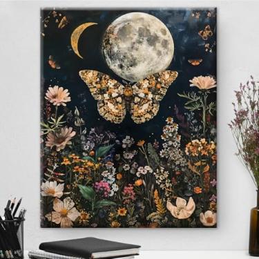 Imagem de Arte de parede em tela de flores silvestres de borboleta gótica vintage Dark Academia imagem de pintura gótica escura para decoração de parede de quarto de casa 20 x 25 cm