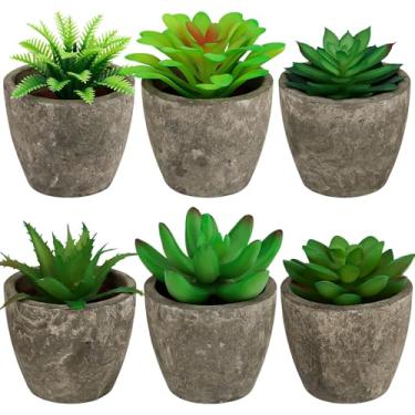 Imagem de Funzhan Conjunto de 6 plantas suculentas artificiais pequenas e realistas em vasos com vegetação falsa realista em vasos para decoração de casa, escritório, mesa, quarto, sala de estar