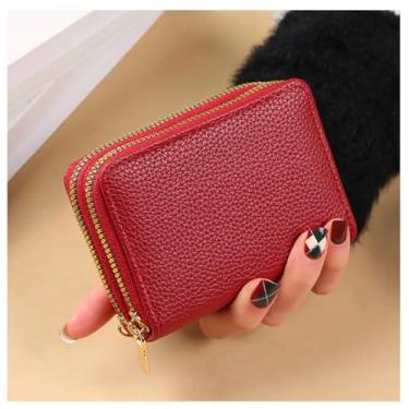 Imagem de Carteira de cartão de crédito, porta-cartões de visita com zíper duplo para mulheres, porta-moedas tamanho compacto, Vermelho, Porta-moedas com zíper duplo