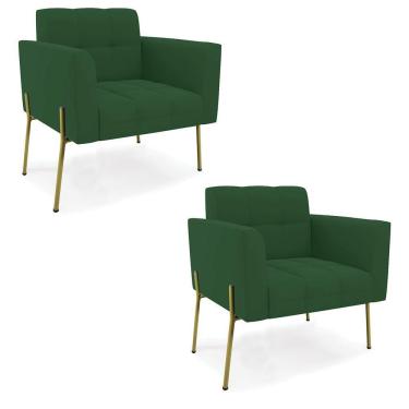 Imagem de Poltrona Pé De Ferro Dourado Para Sala Kit 2 Elisa Veludo D03 - D'rossi Cor Verde