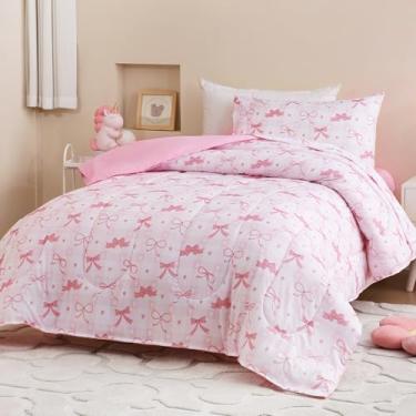Imagem de Homilay Conjunto de edredom infantil para crianças, crianças, meninos, meninas, 4 peças, jogo de cama em um saco, conjunto de lençol macio para todas as estações com colcha, colcha, laço rosa