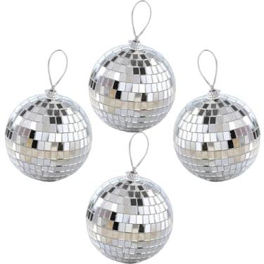 Imagem de 4 peças de bola de discoteca espelhada de 10 cm, mini bolas de discoteca prateadas, decoração de discoteca, bola refletiva com anel pendurado, enfeite de festa, decoração para palco, clube, salão de
